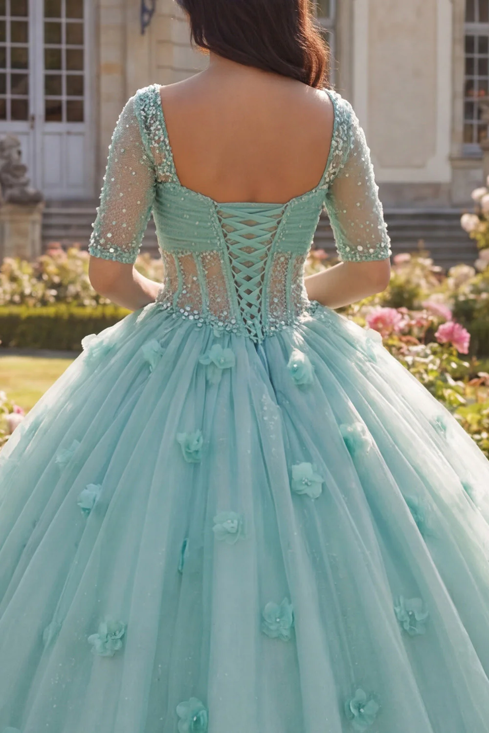 Jasnozielona suknia balowa z półrękawem i gorsetem 3D Flower Quinceanera - Image 4