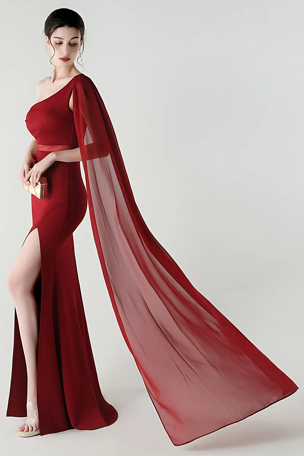 Jednoramiena sermaid streamer, długa formalna sukienka z rozcięciem - Image 13