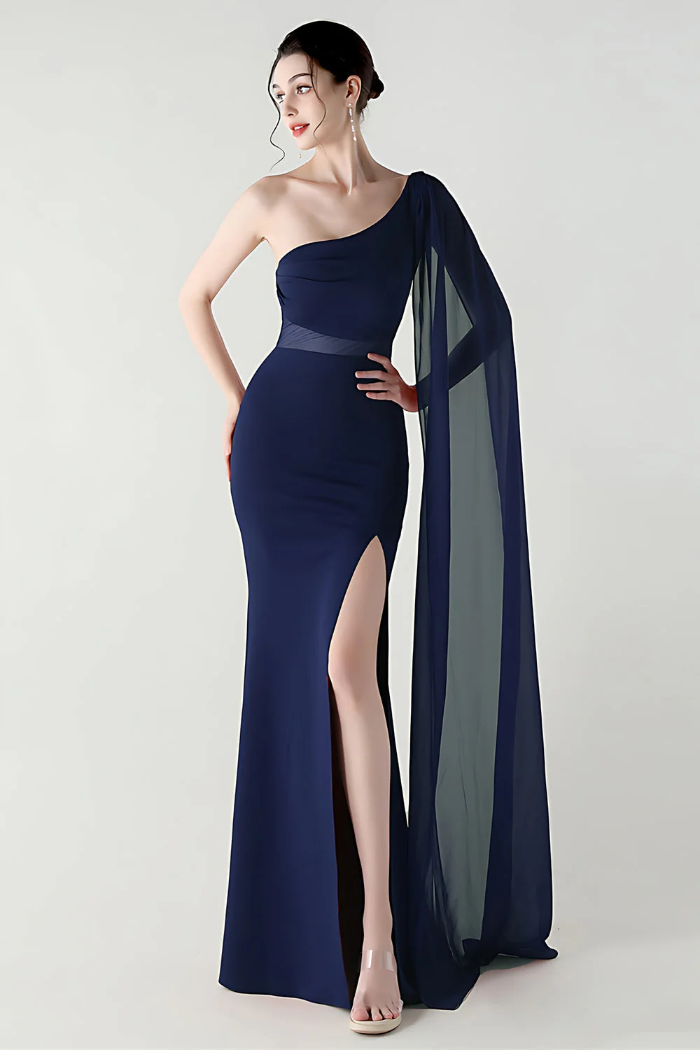 Jednoramiena sermaid streamer, długa formalna sukienka z rozcięciem - Image 5