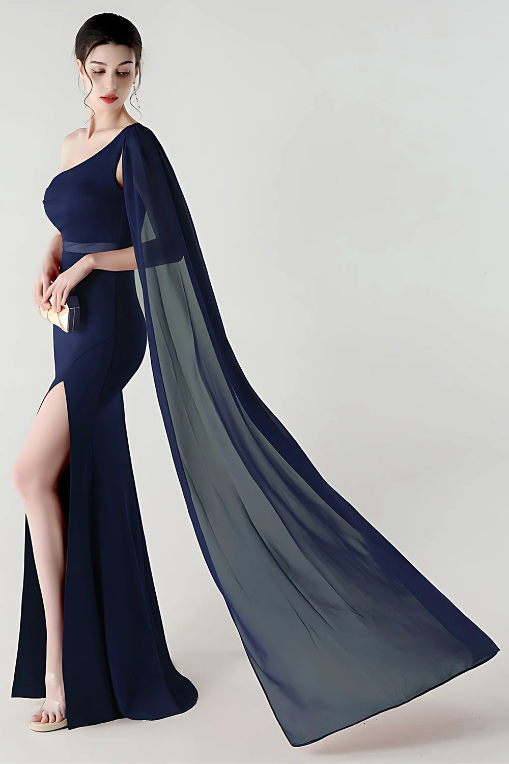 Jednoramiena sermaid streamer, długa formalna sukienka z rozcięciem - Image 7