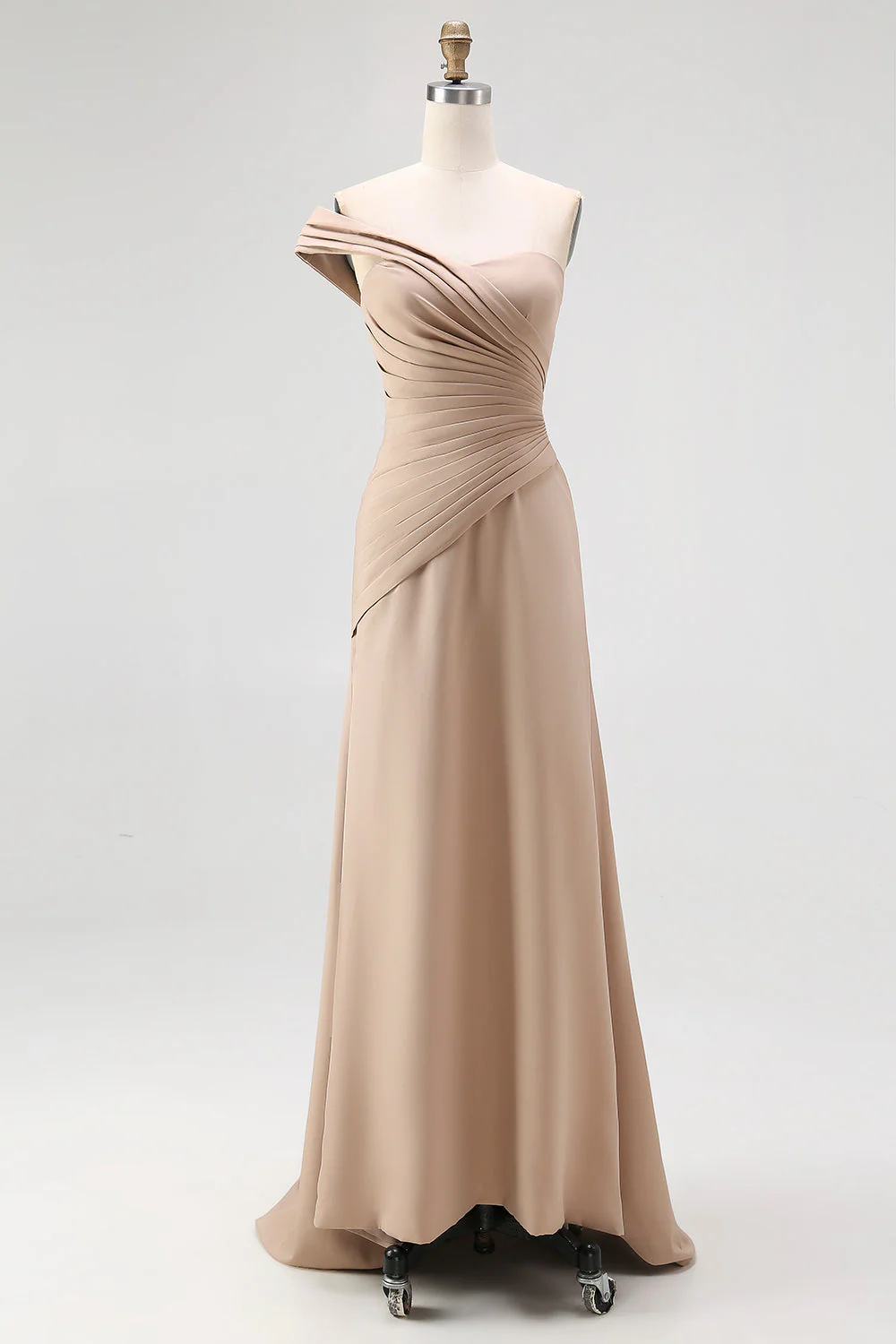 Jednoramionowa pochwa, jasna, plisowana khaki w długiej, długiej formalnej sukience w rozmiarze plus size - Image 5