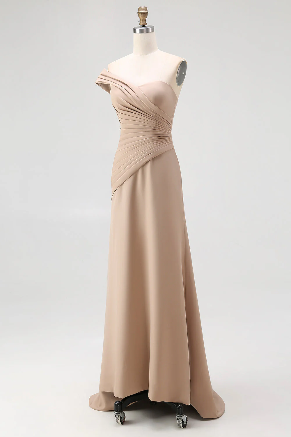 Jednoramionowa pochwa, jasna, plisowana khaki w długiej, długiej formalnej sukience w rozmiarze plus size - Image 7