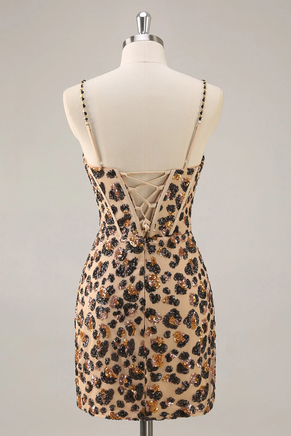 Kahki Leopard Gorset Bodycon Krótka sukienka na powrót do domu z cekinami - Image 2