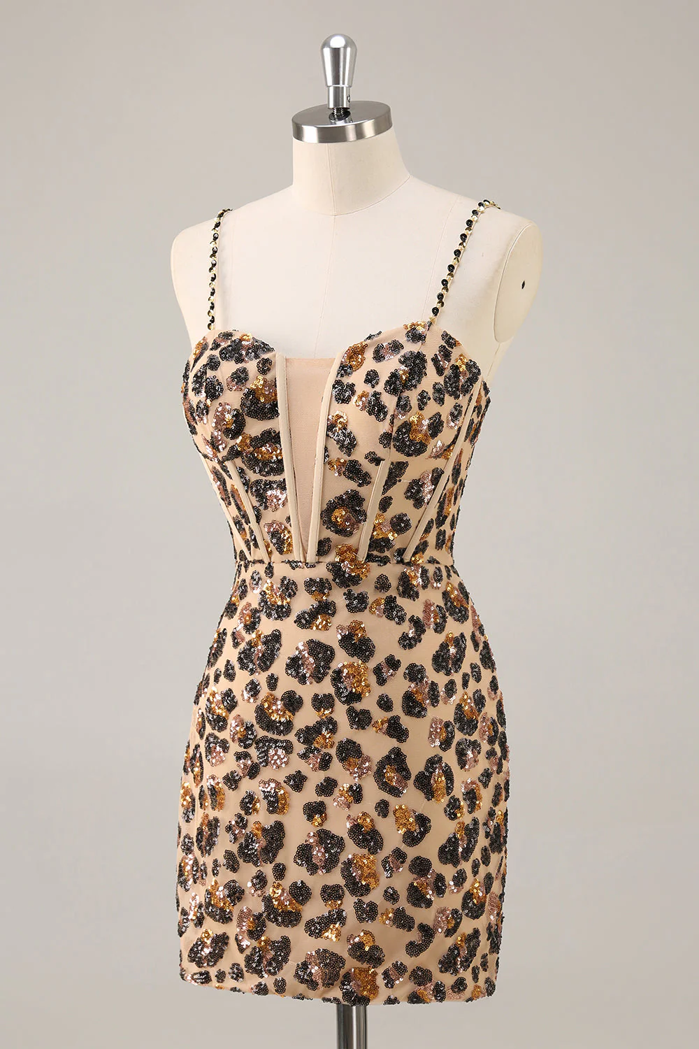 Kahki Leopard Gorset Bodycon Krótka sukienka na powrót do domu z cekinami - Image 3
