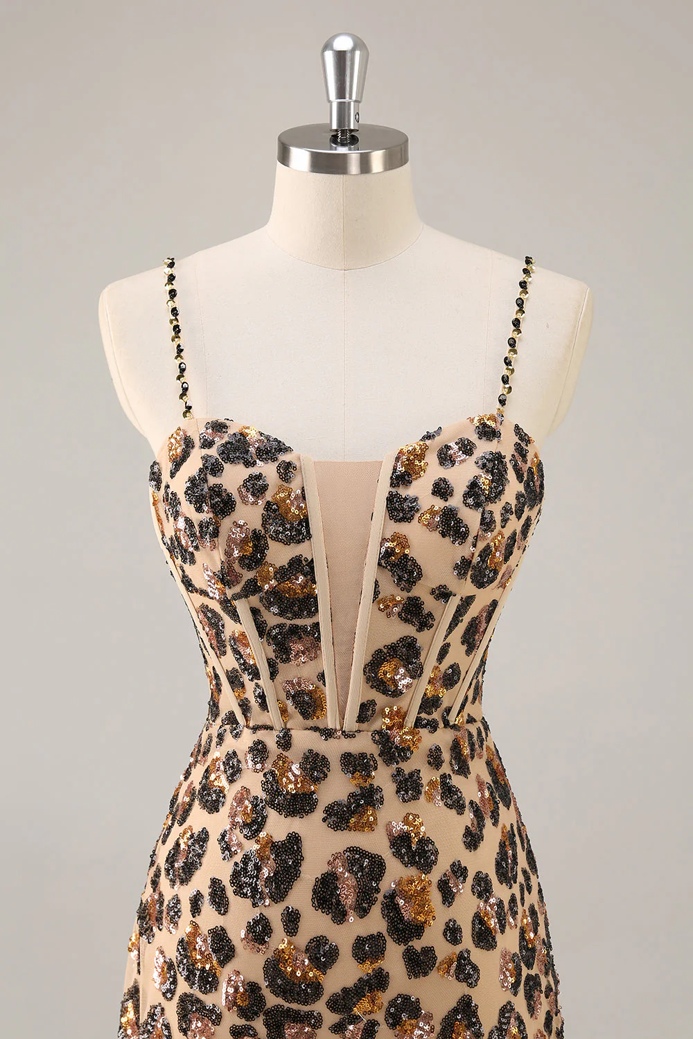 Kahki Leopard Gorset Bodycon Krótka sukienka na powrót do domu z cekinami - Image 4