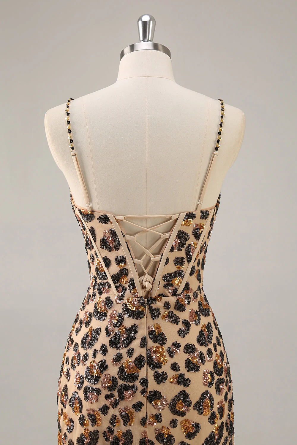 Kahki Leopard Gorset Bodycon Krótka sukienka na powrót do domu z cekinami - Image 5