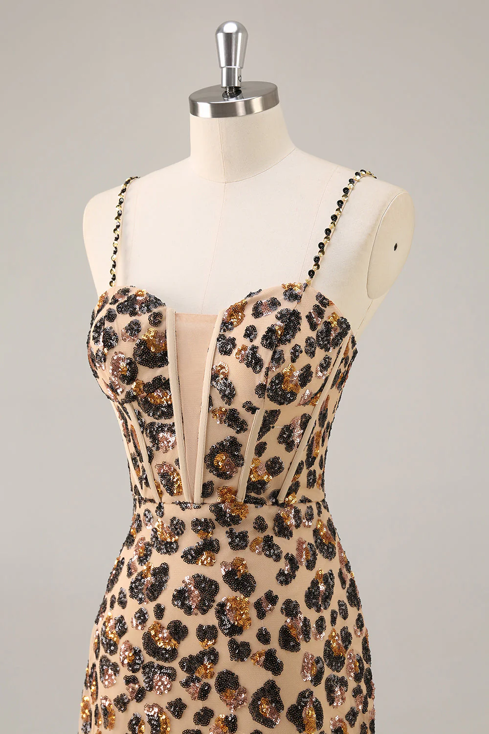 Kahki Leopard Gorset Bodycon Krótka sukienka na powrót do domu z cekinami - Image 6