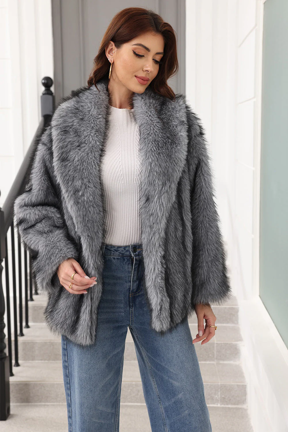 Kawowy futrzany szal z klapą damski z paskiem - Image 12