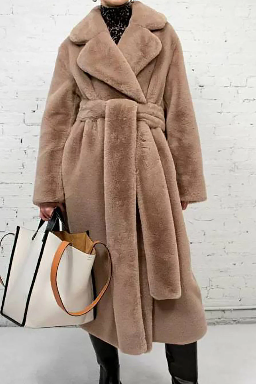 Khaki Faux Fur Shearling Długi Otwarty Przód Płaszcz Z Paskiem - Image 2