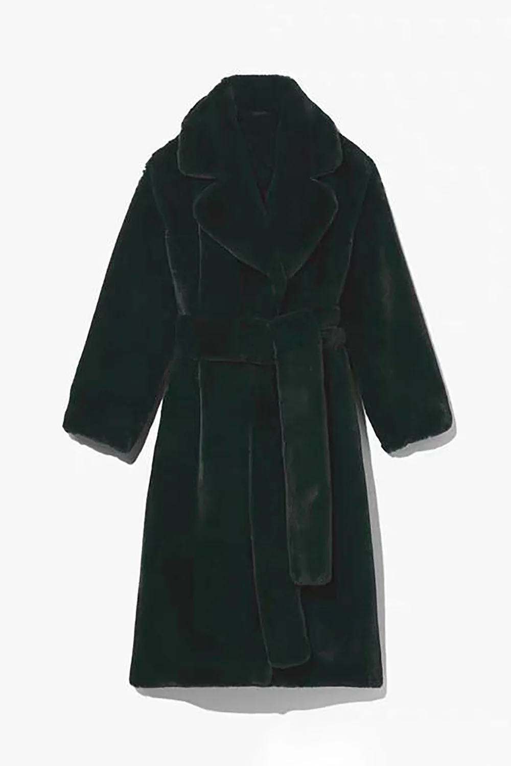 Khaki Faux Fur Shearling Długi Otwarty Przód Płaszcz Z Paskiem - Image 4