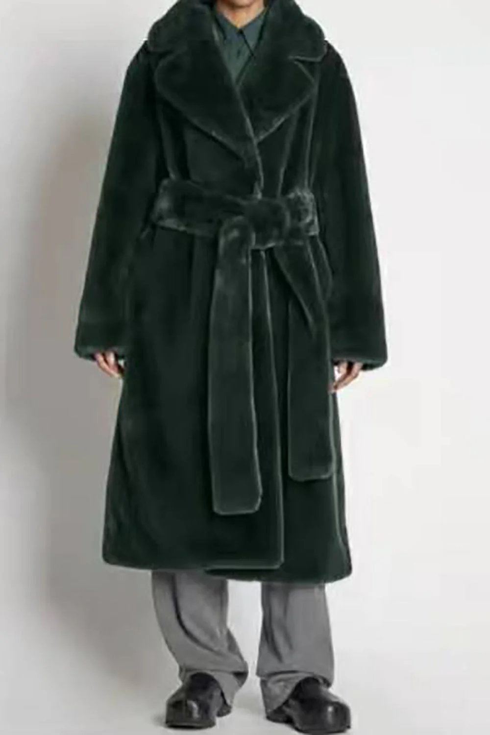 Khaki Faux Fur Shearling Długi Otwarty Przód Płaszcz Z Paskiem - Image 5