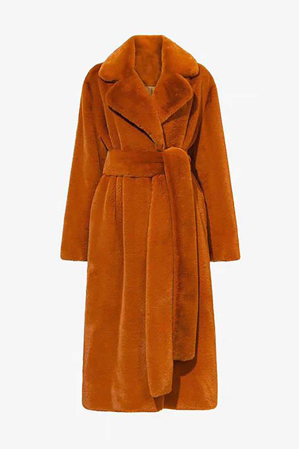 Khaki Faux Fur Shearling Długi Otwarty Przód Płaszcz Z Paskiem - Image 6