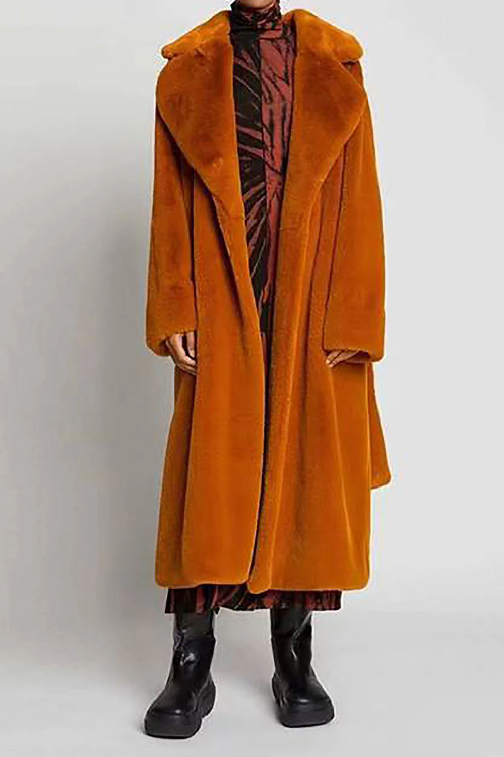 Khaki Faux Fur Shearling Długi Otwarty Przód Płaszcz Z Paskiem - Image 7