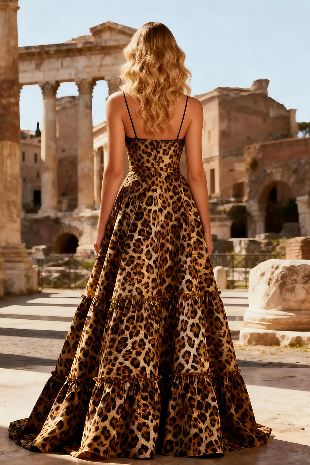 Khaki Leopard A Line Spaghetti Length Dress Dress na bal - Image 2