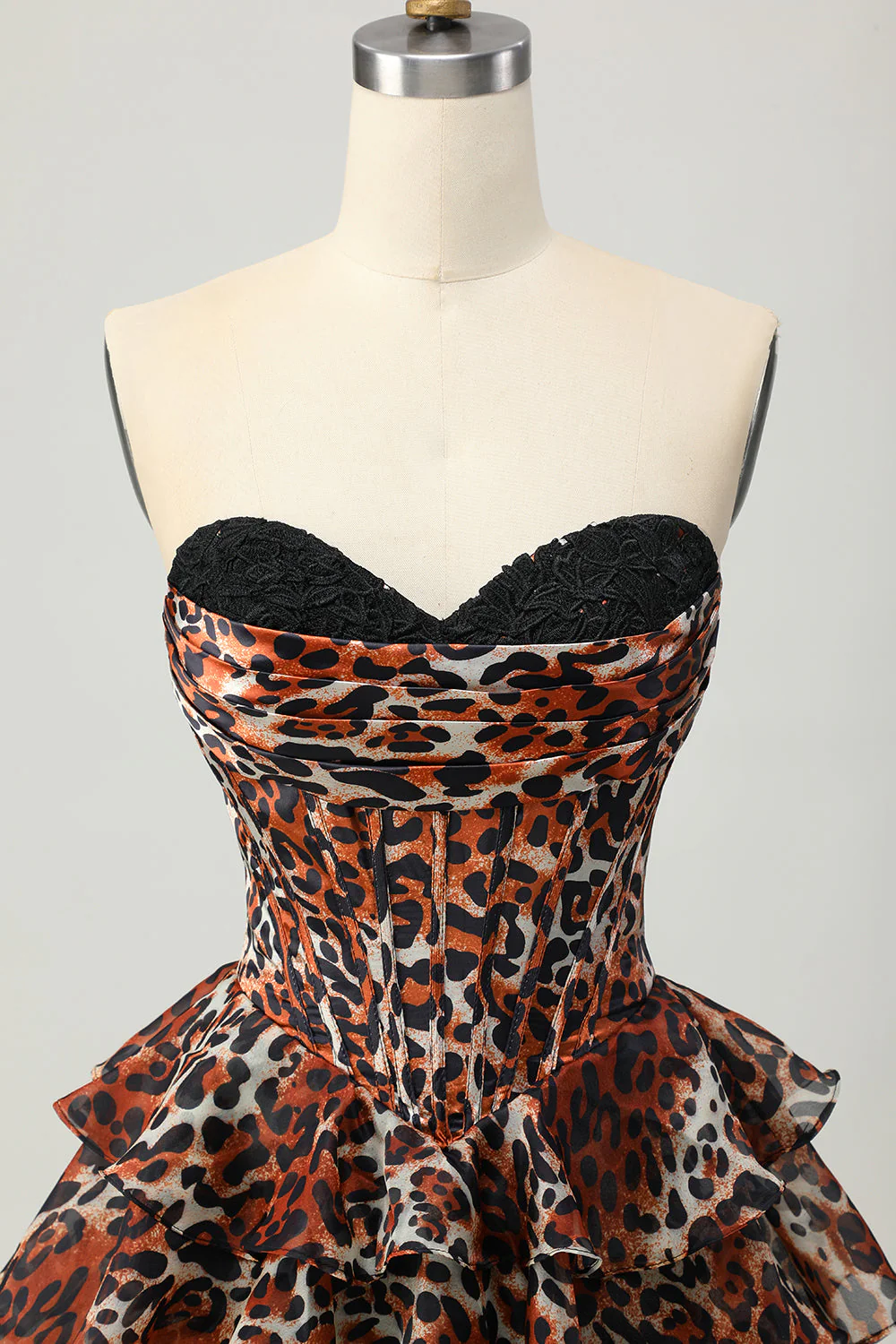 Khaki Leopard A-line Sweetheart Warstwowy gorset Krótka sukienka na powrót do domu - Image 4