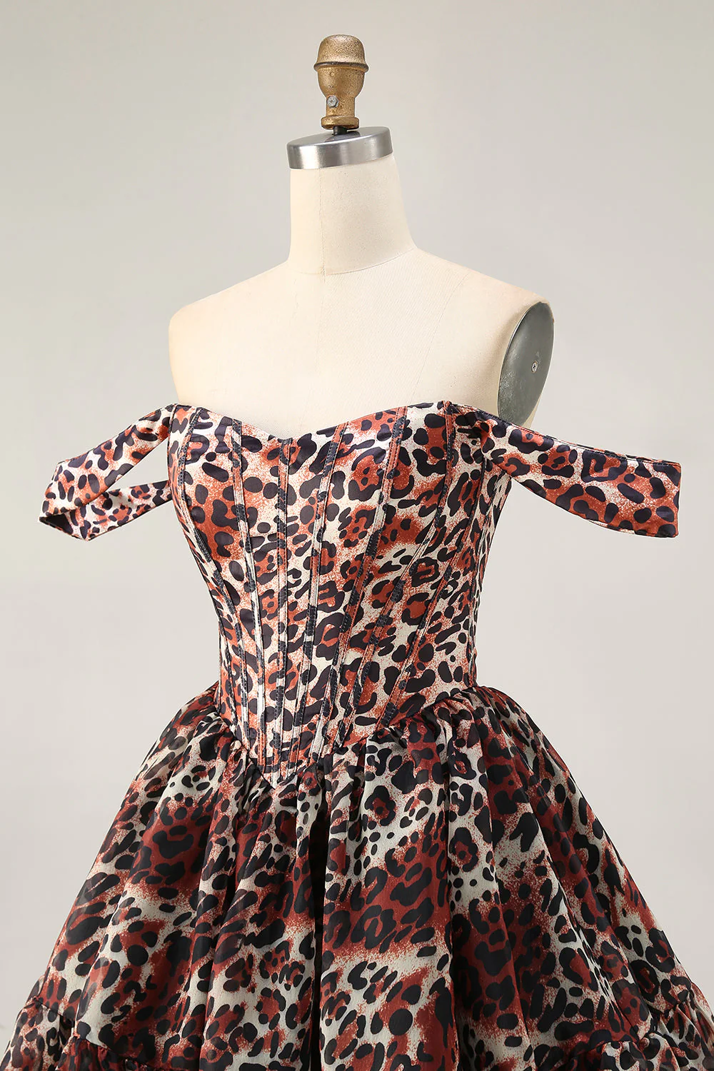 Khaki Leopard Off Shoulder Gorset Linia A Line Mini Sukienka Powrotu Do Domu - Image 10