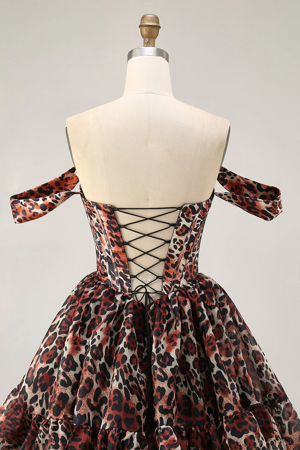 Khaki Leopard Off Shoulder Gorset Linia A Line Mini Sukienka Powrotu Do Domu - Image 11