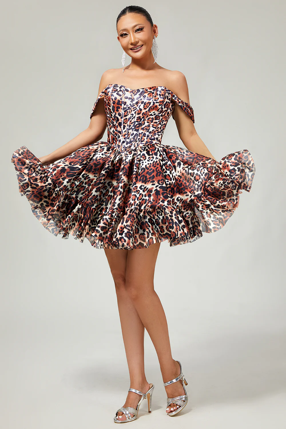 Khaki Leopard Off Shoulder Gorset Linia A Line Mini Sukienka Powrotu Do Domu - Image 3