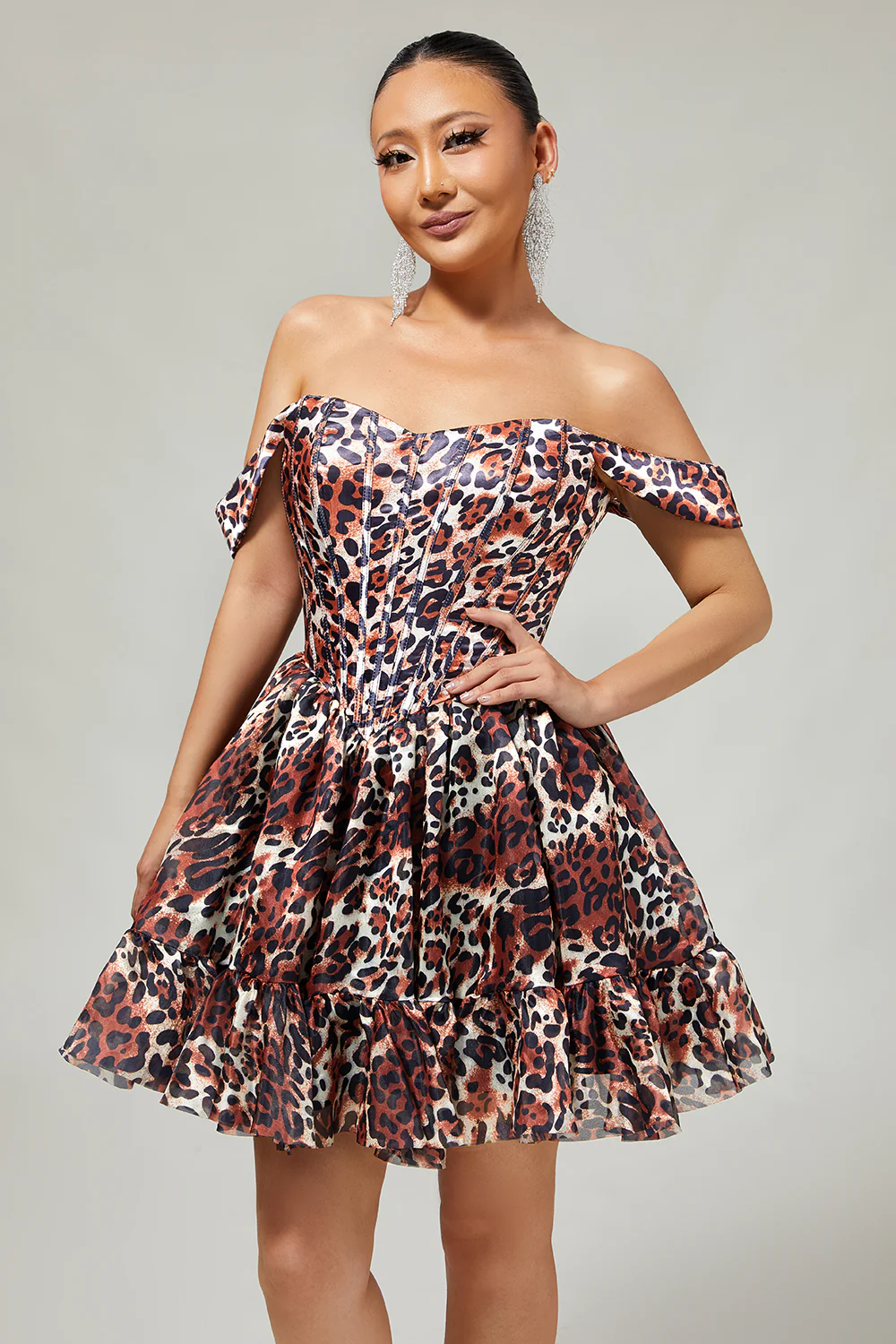 Khaki Leopard Off Shoulder Gorset Linia A Line Mini Sukienka Powrotu Do Domu - Image 5