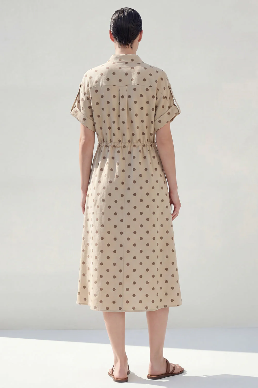 Khaki Polka Dots A Midi Work Dress Round z kołnierzykiem - Image 2