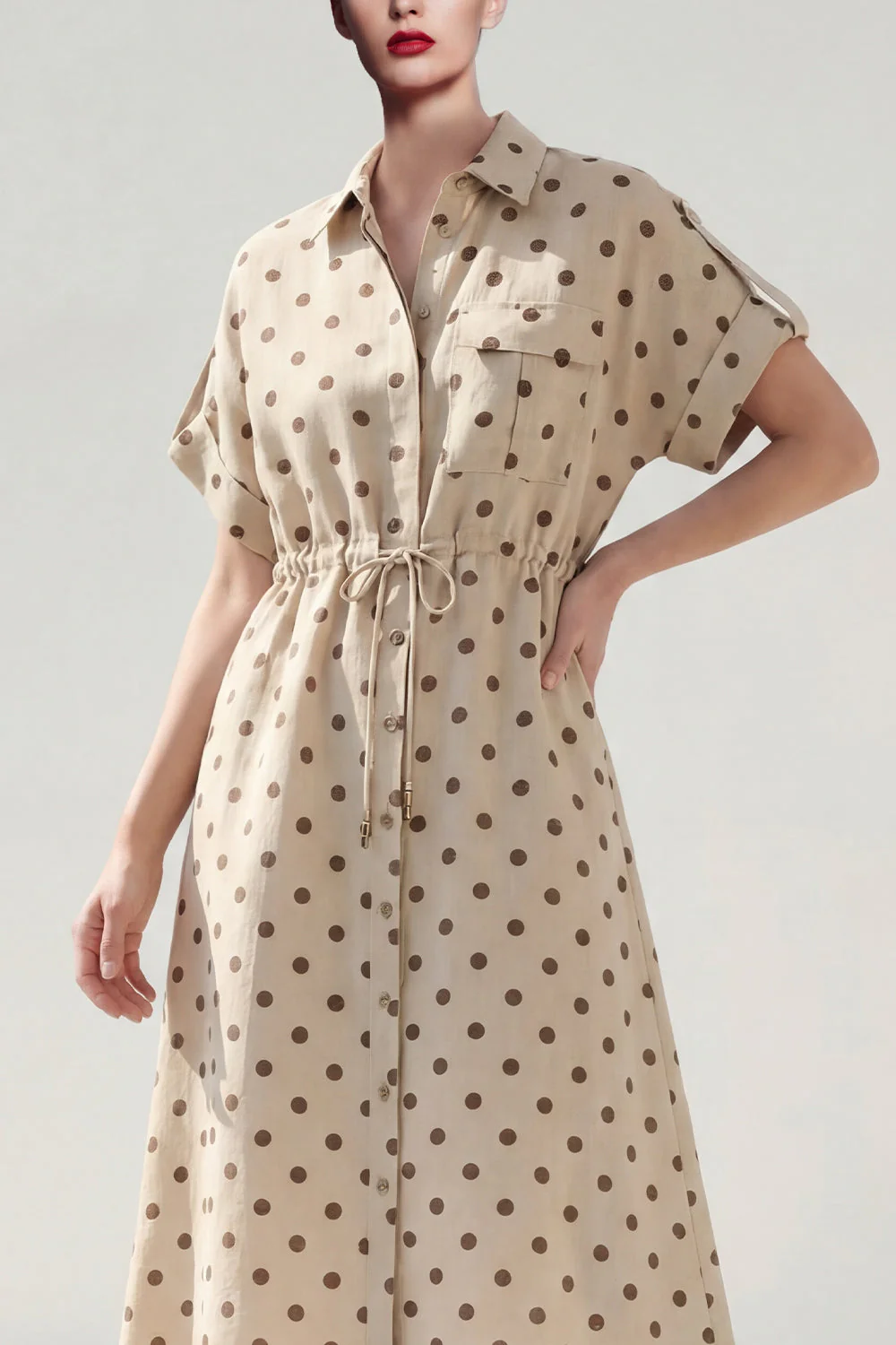 Khaki Polka Dots A Midi Work Dress Round z kołnierzykiem - Image 3
