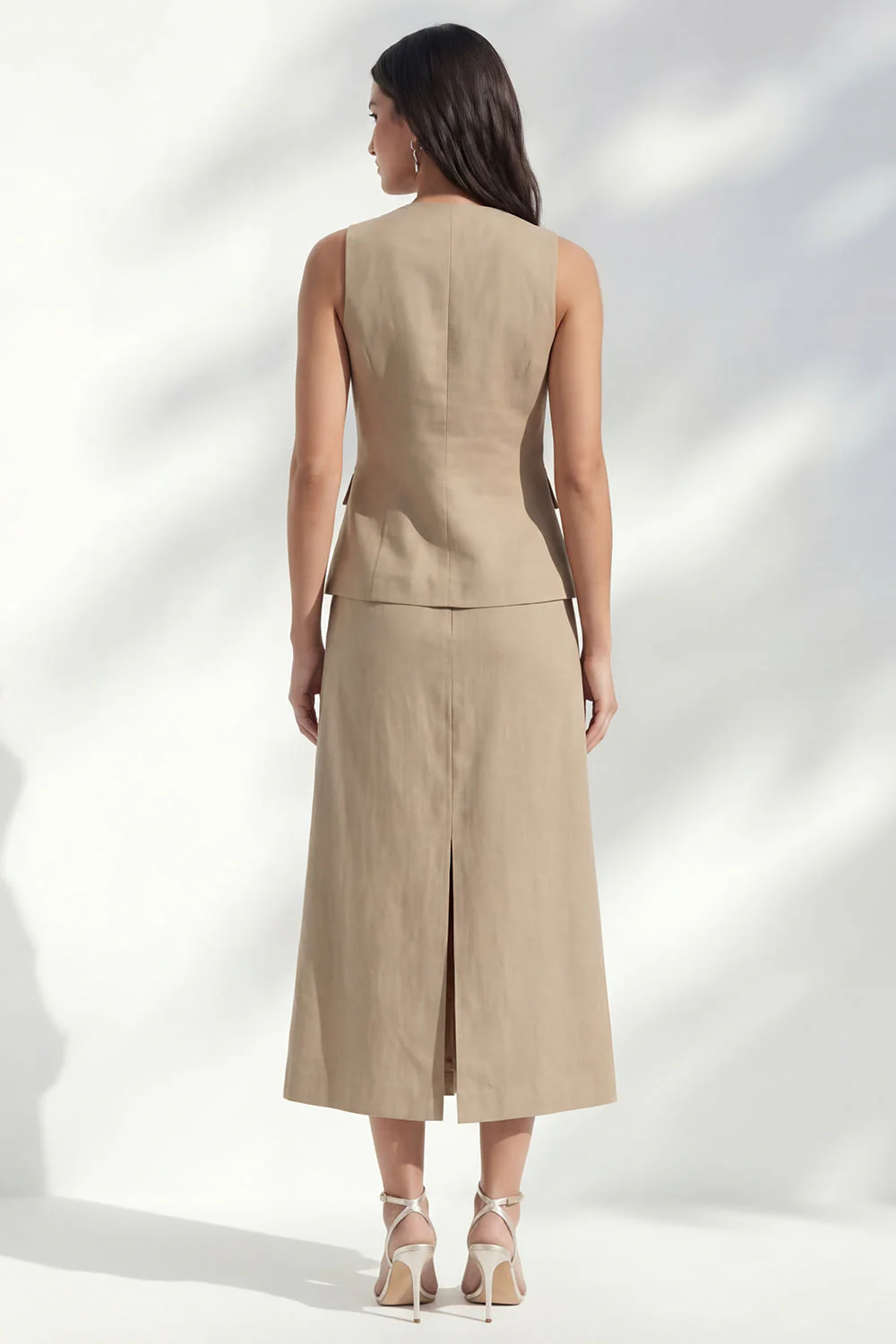 Khaki z dekoltem w serek bodycon, jednorzędowa midi slim fit sukienka robocza z rozcięciem - Image 2
