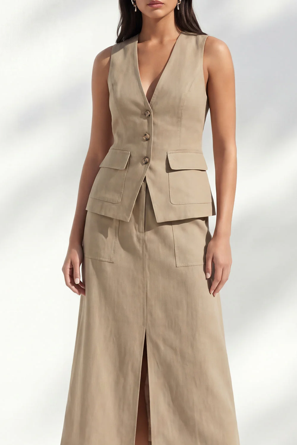 Khaki z dekoltem w serek bodycon, jednorzędowa midi slim fit sukienka robocza z rozcięciem - Image 3