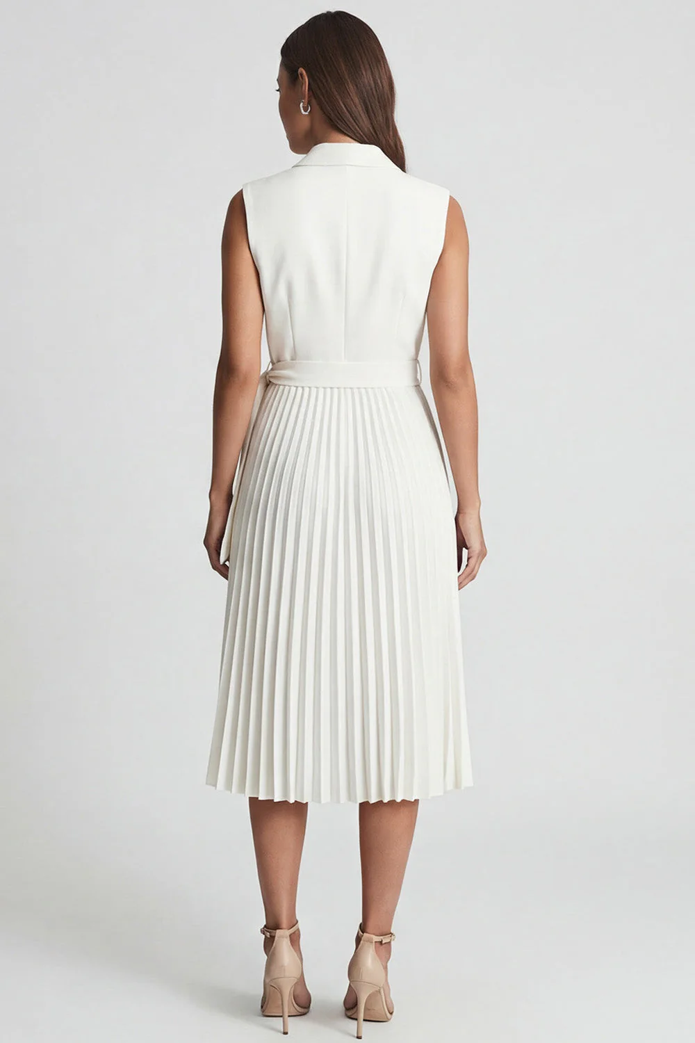 Klapa z kością słoniową, plisowana w stylu A Line Midi Work Dress z paskiem - Image 2
