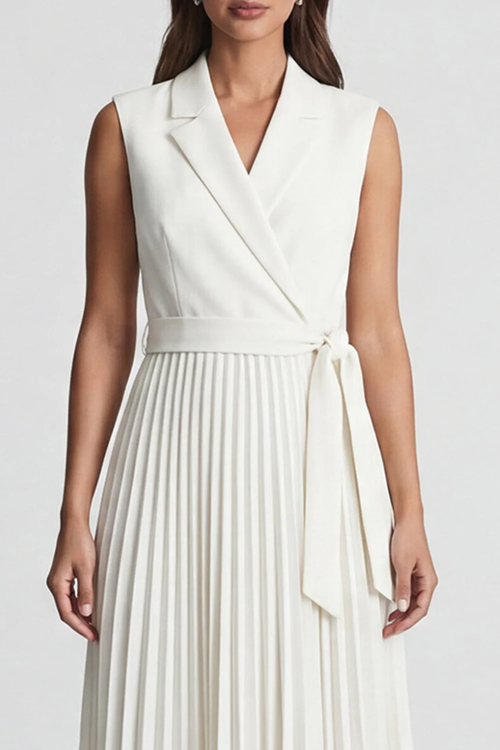 Klapa z kością słoniową, plisowana w stylu A Line Midi Work Dress z paskiem - Image 3