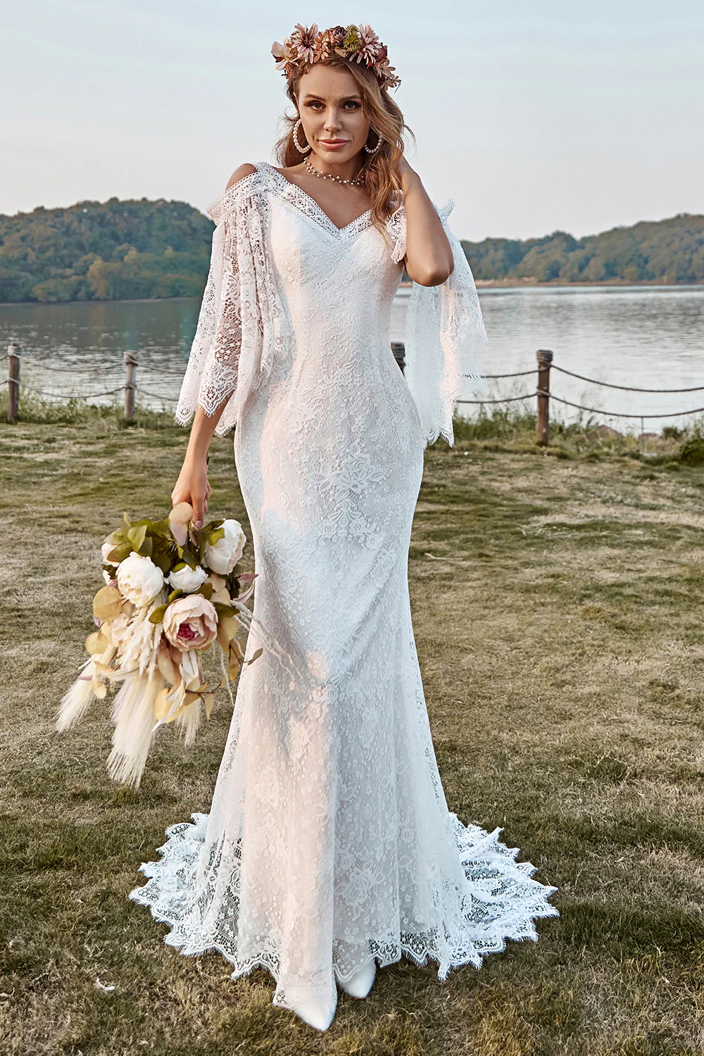 Koronkowa Kości Słoniowej Suknie Ślubne Boho z Odkrytymi Ramionami - Image 5