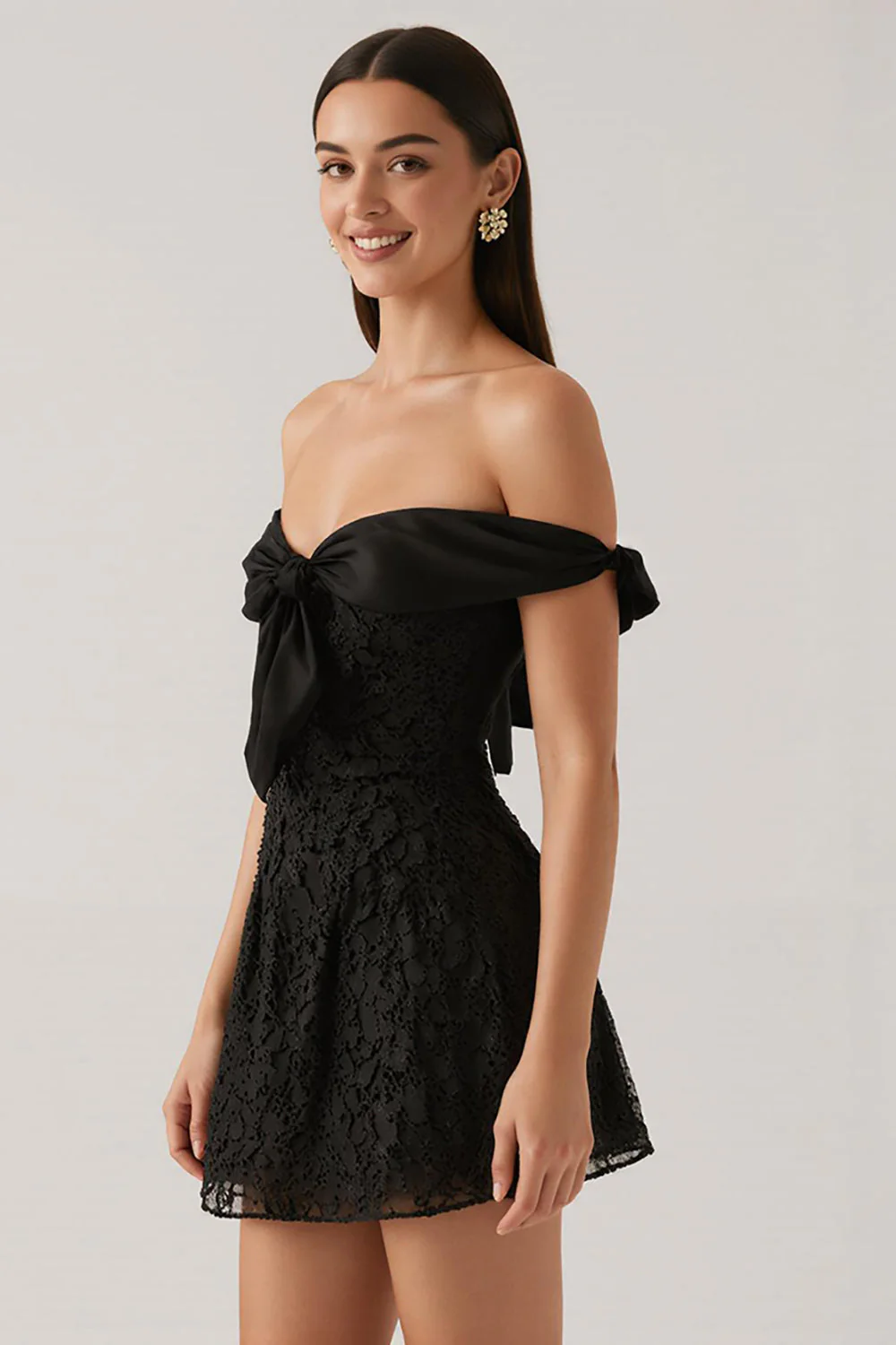 koronkowa krótka sukienka koktajlowa z linią A Off The Shoulder z kokardą - Image 2