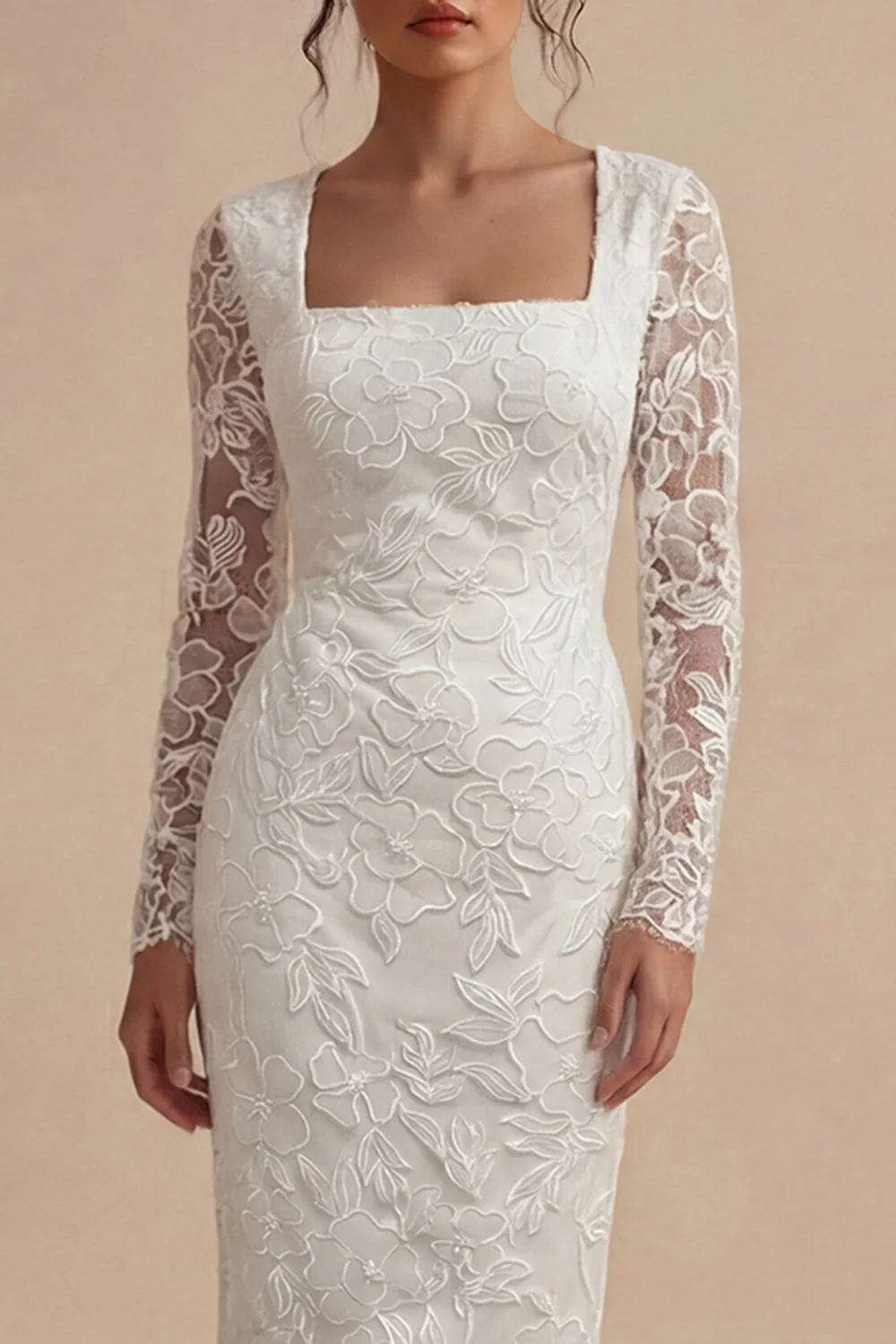 Koronkowa sukienka zaręczynowa z długim rękawem Kwiatowa Midi Body-Body, biała suknia zaręczynowa Boho - Image 3