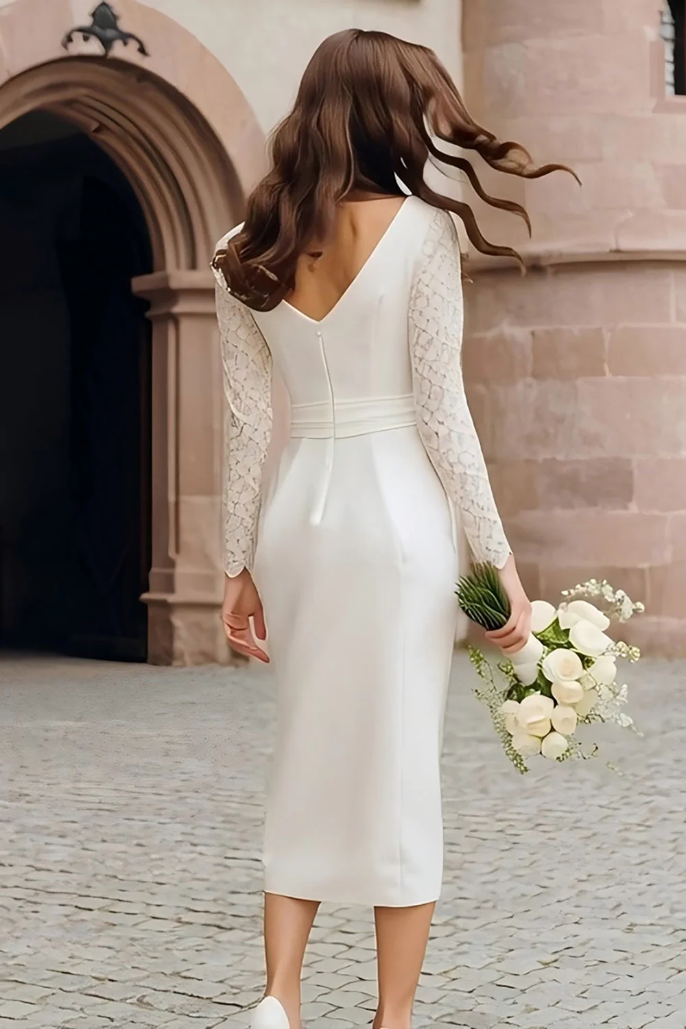 Kość słoniowa bodycon dekolt w łódkę satynowa suknia ślubna w sądzie - Image 2