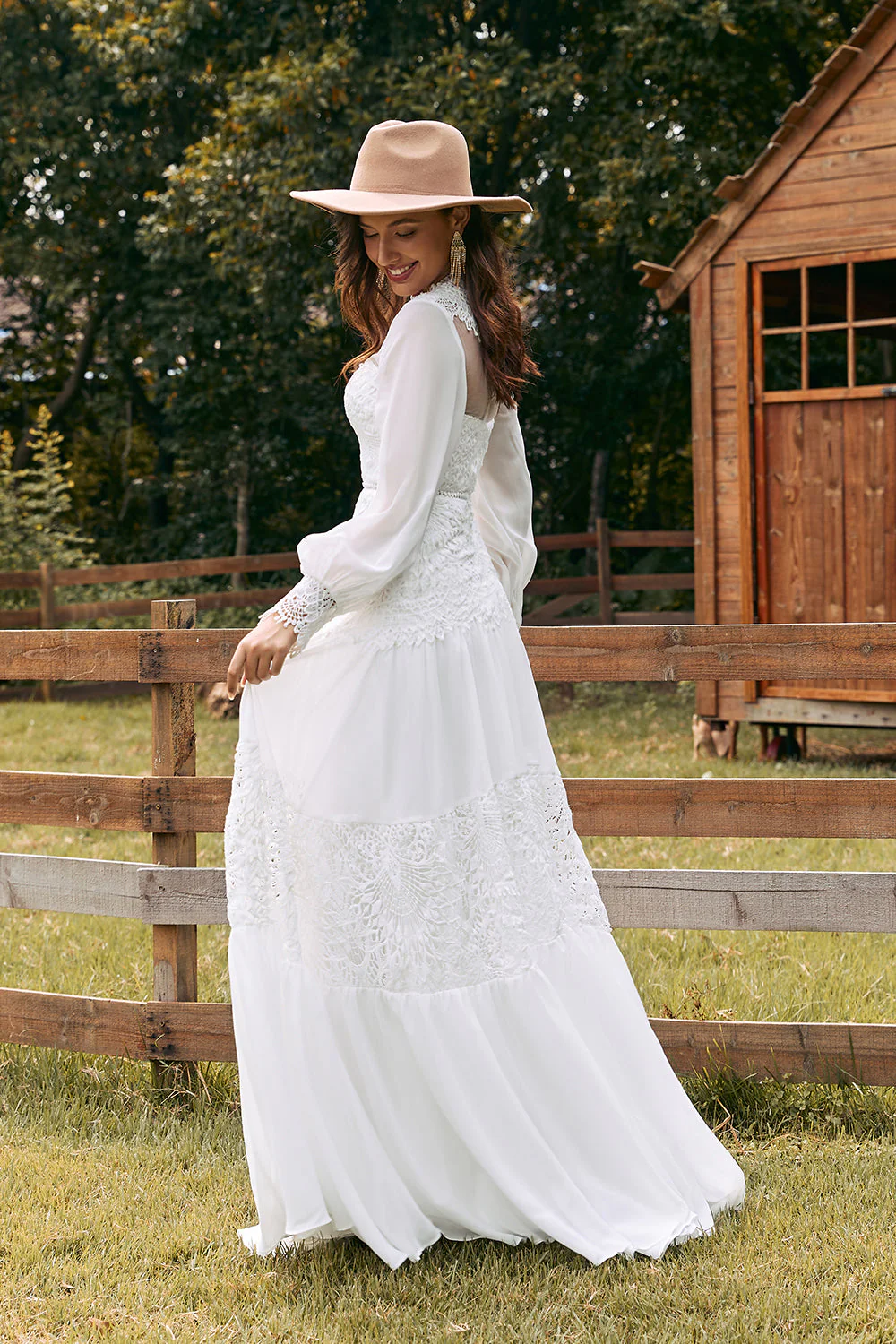 Kość Słoniowa Długi Rękaw Boho Suknia Ślubna Z Koronką - Image 5