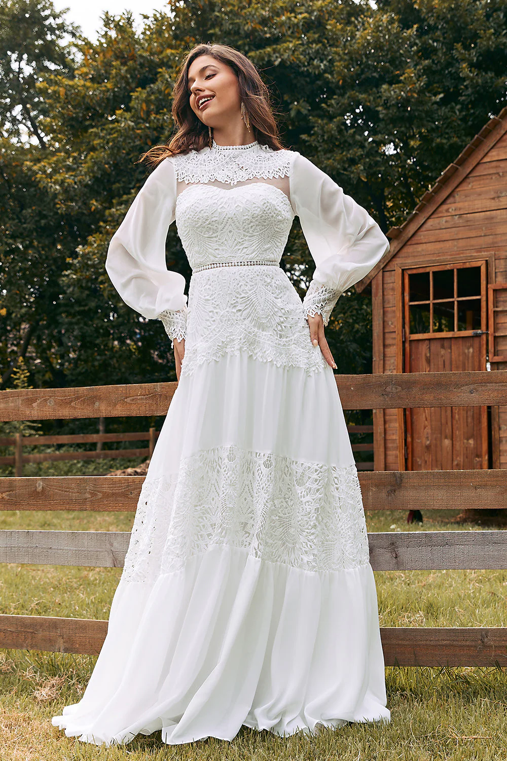 Kość Słoniowa Długi Rękaw Boho Suknia Ślubna Z Koronką - Image 6