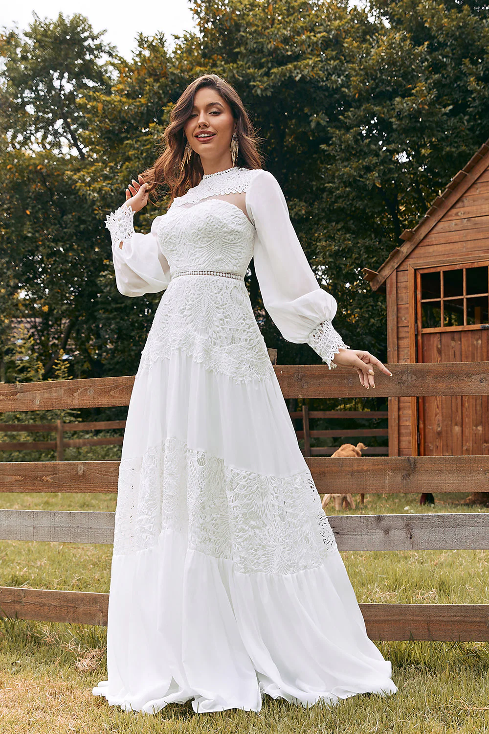 Kość Słoniowa Długi Rękaw Boho Suknia Ślubna Z Koronką - Image 7