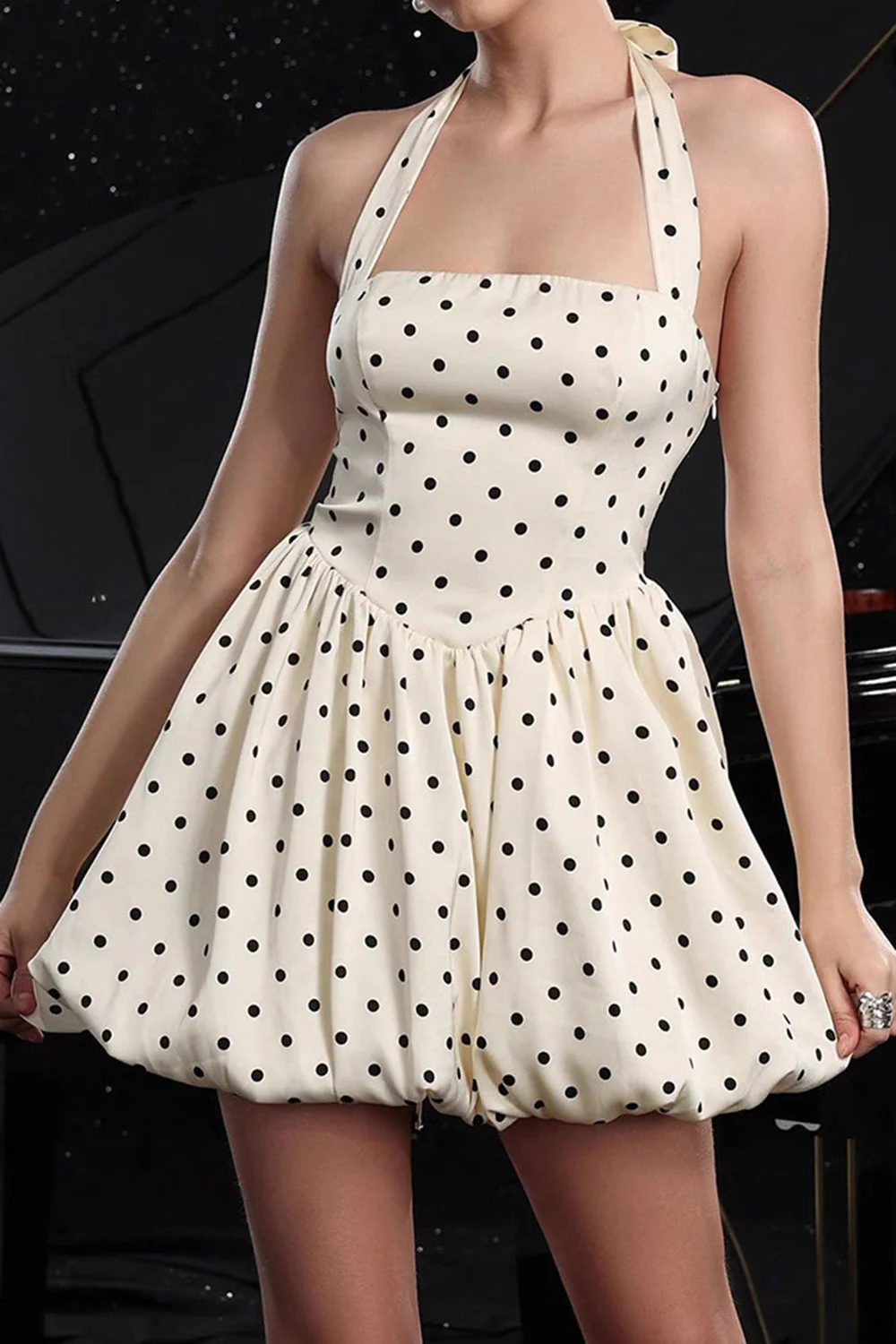 Kość słoniowa Halter Polka Dots Sukienka koktajlowa A Line - Image 3