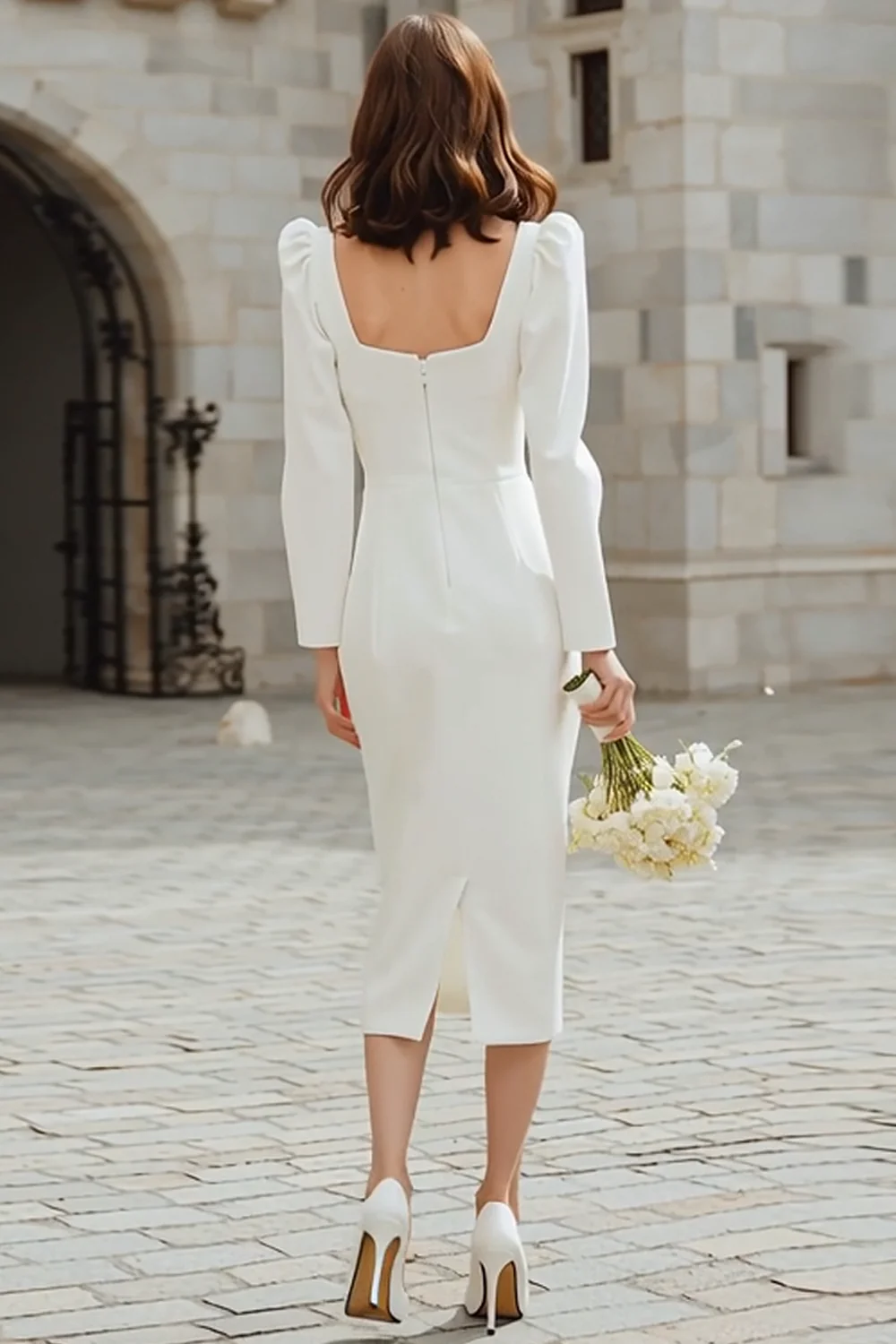 Kość słoniowa Kwadratowy Dekolt Sukienka zaręczynowa Bodycon Midi - Image 2
