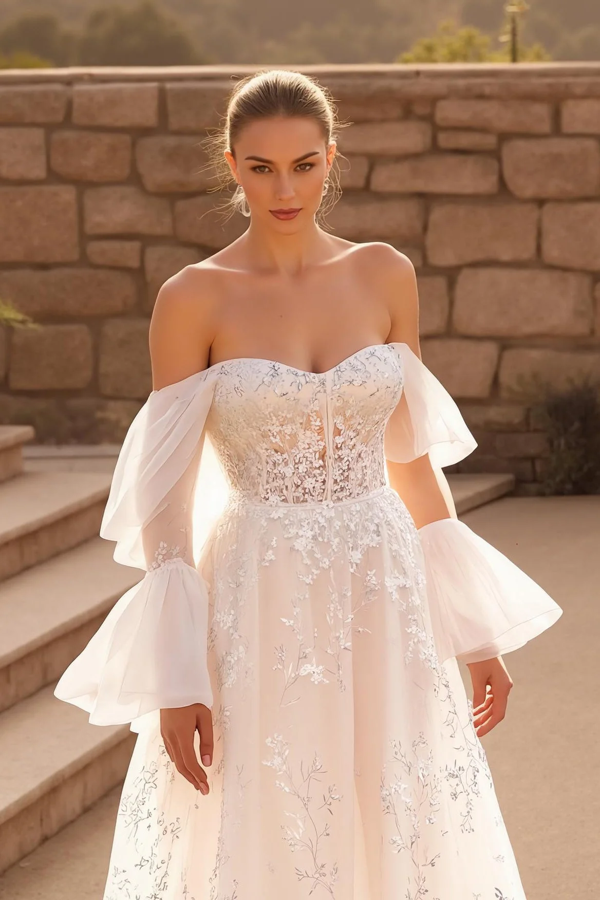 Kość słoniowa Linia Off The Shoulder Flare Sleeve Chapel Train Suknia ślubna z koronkowymi aplikacjami - Image 2
