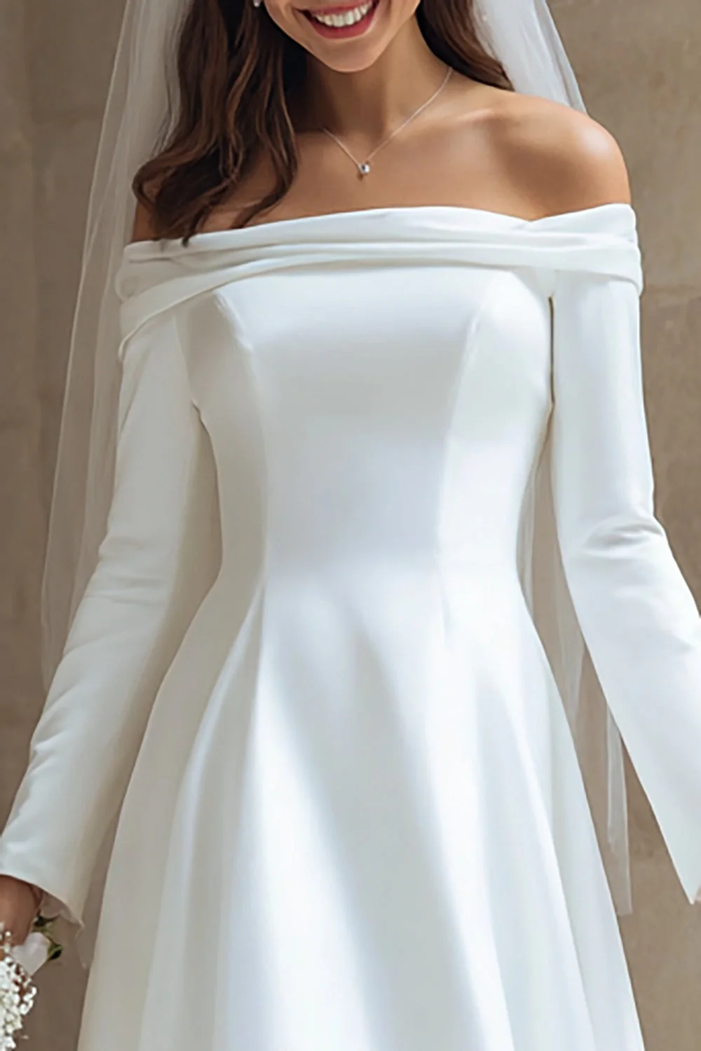 Kość słoniowa Satyna Linia A Off The Shoulder Midi Suknia ślubna z rękawami - Image 2