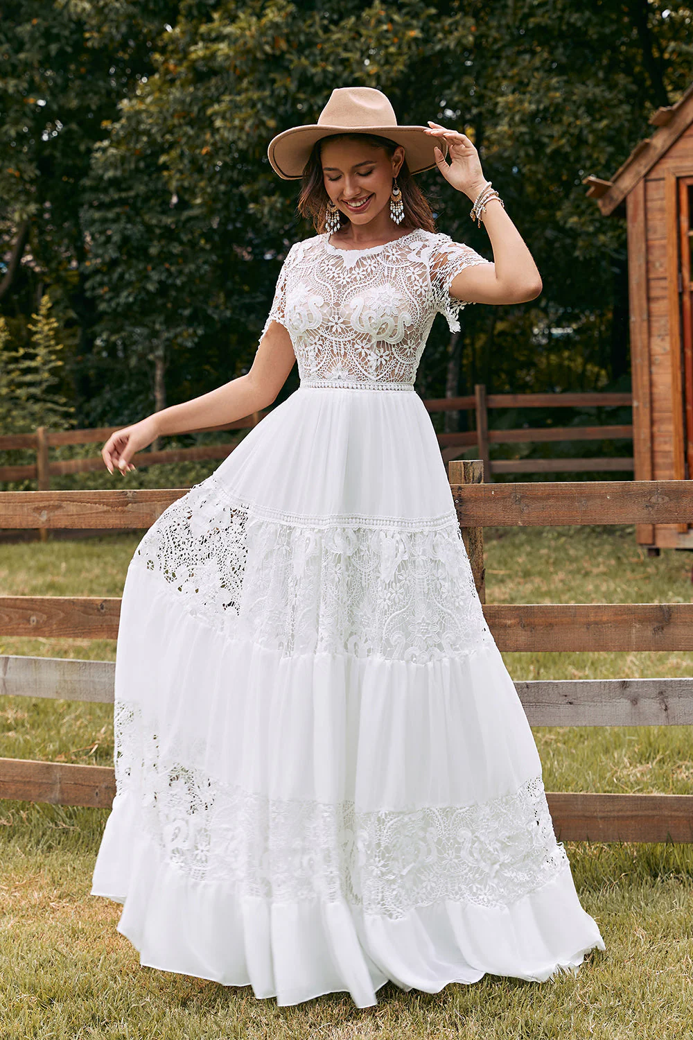 Kość Słoniowa Z Krótkim Rękawem Boho Szyfonowa Suknia Ślubna Z Koronką - Image 5