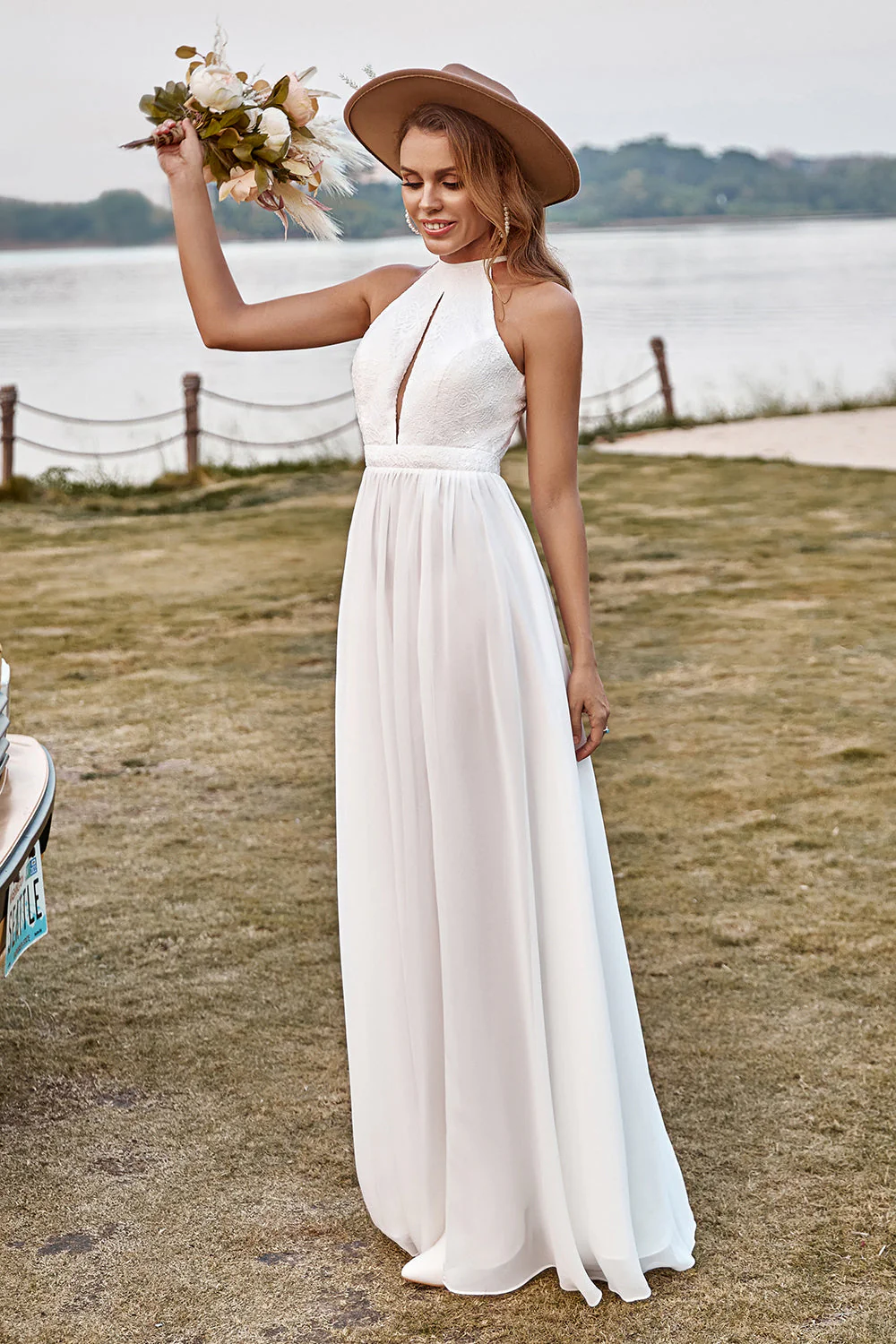 Kości Słoniowej Długie Suknie Ślubne Koronką Boho z Dekolt Halter - Image 3