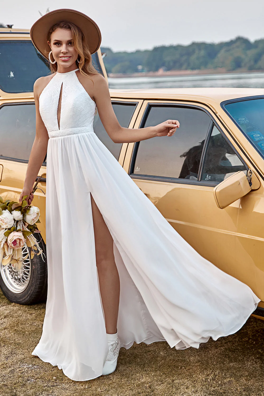 Kości Słoniowej Długie Suknie Ślubne Koronką Boho z Dekolt Halter - Image 4