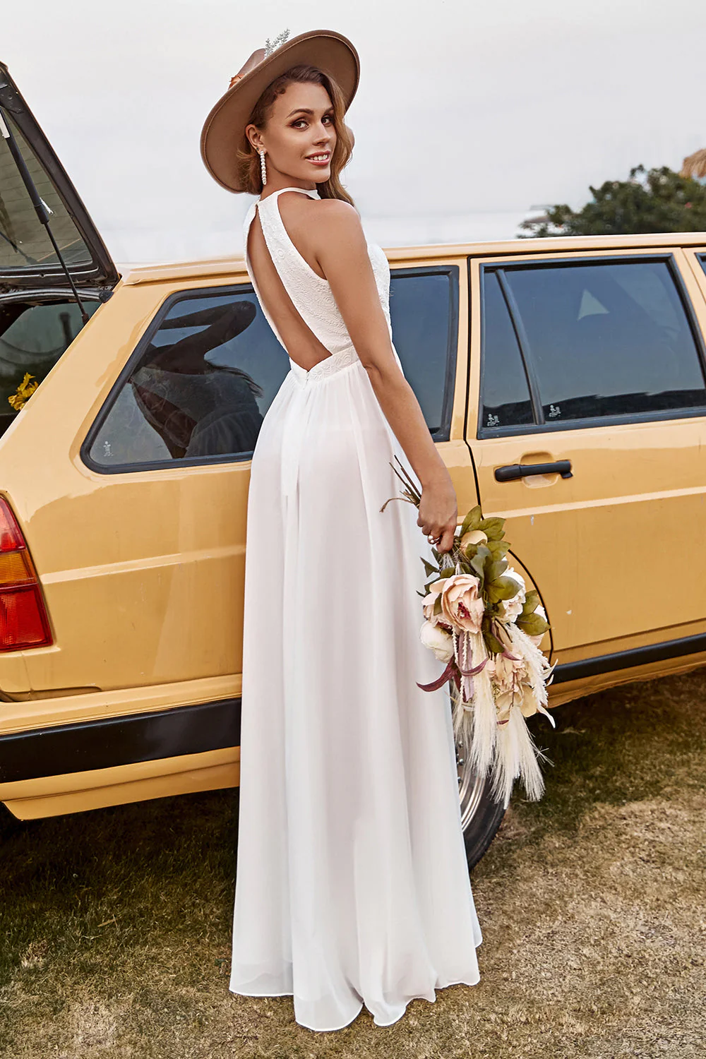 Kości Słoniowej Długie Suknie Ślubne Koronką Boho z Dekolt Halter - Image 6