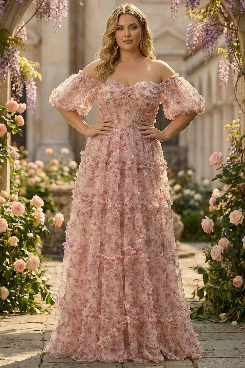 Kościowo-czerwony, kwiatowy gorset w kształcie litery A z opuszczonymi ramionami, długa sukienka na bal plus size