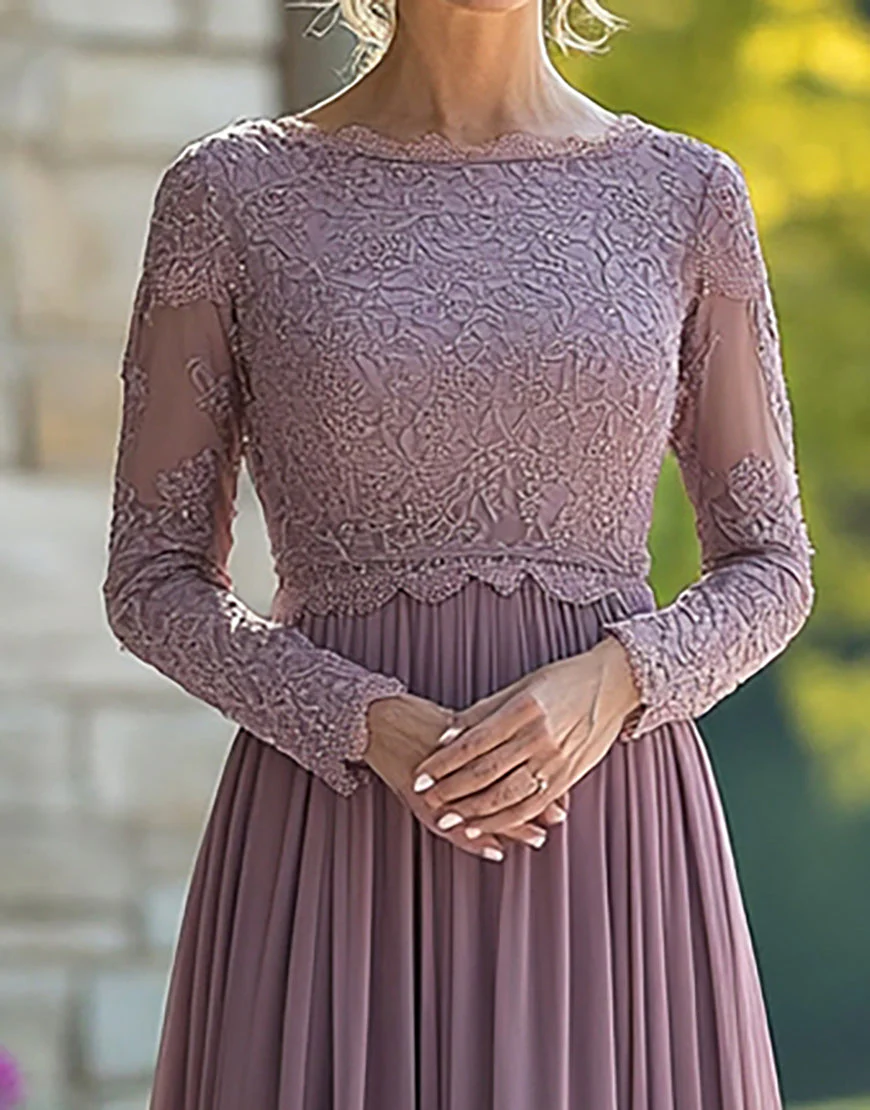 krawat Vintage Mauve Kolumna Szufelka Szyfon Długa Sukienka Matki Panny Młodej z Koronkowymi Aplikacjami - Image 2