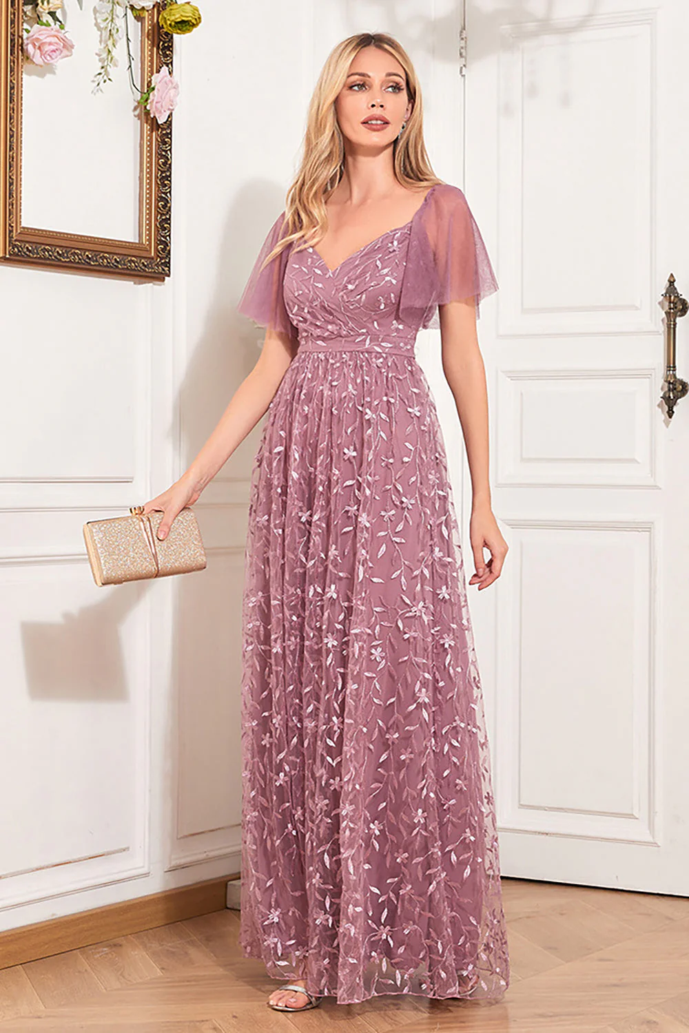Krój A Dusty Rose Suknia Matki Panny Młodej Z Aplikacjami - Image 6