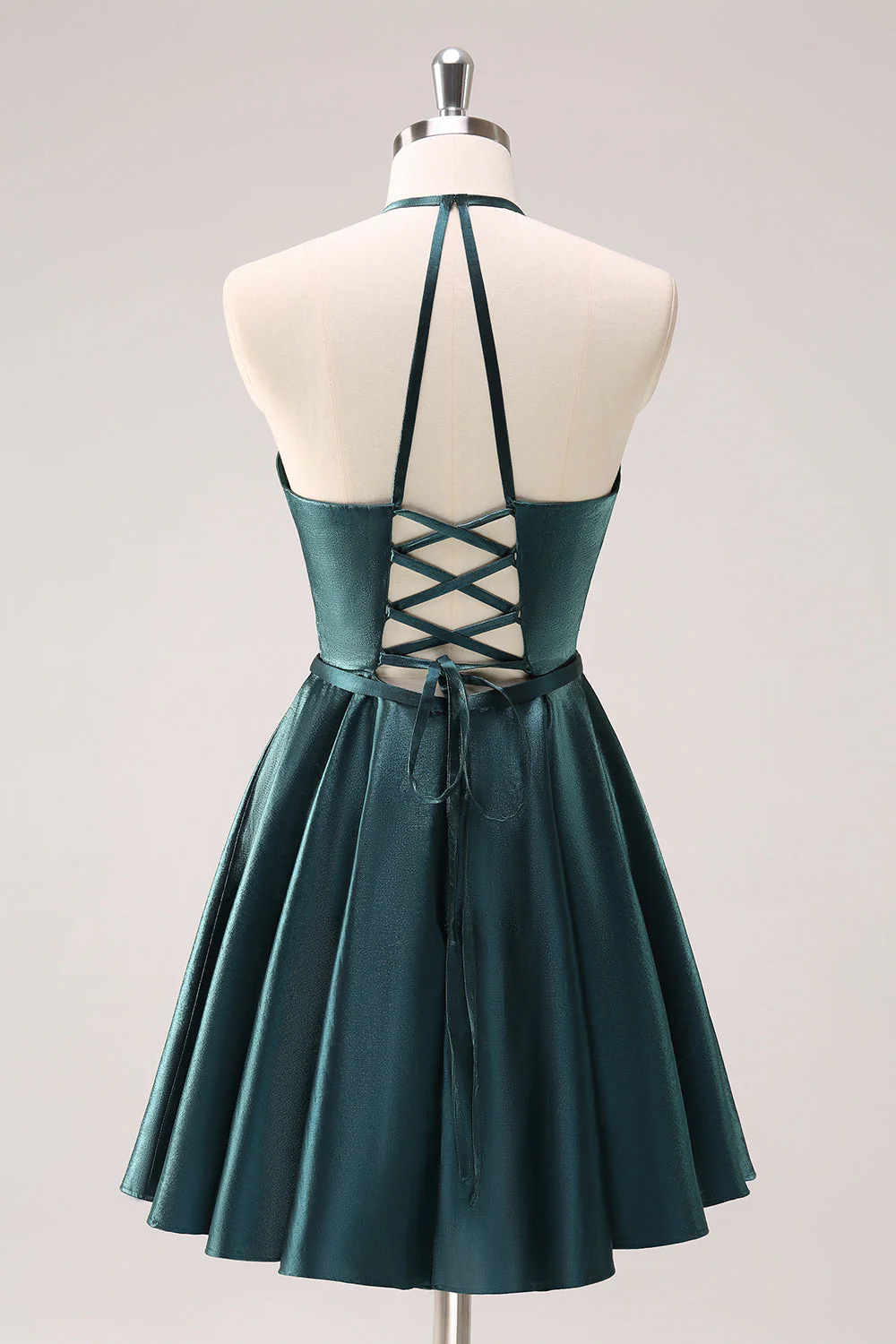 Krój A Peacock Blue Halter Krótka sukienka na powrót do domu z koronkowym tyłem - Image 2