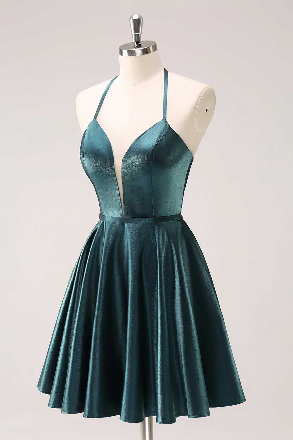 Krój A Peacock Blue Halter Krótka sukienka na powrót do domu z koronkowym tyłem - Image 3