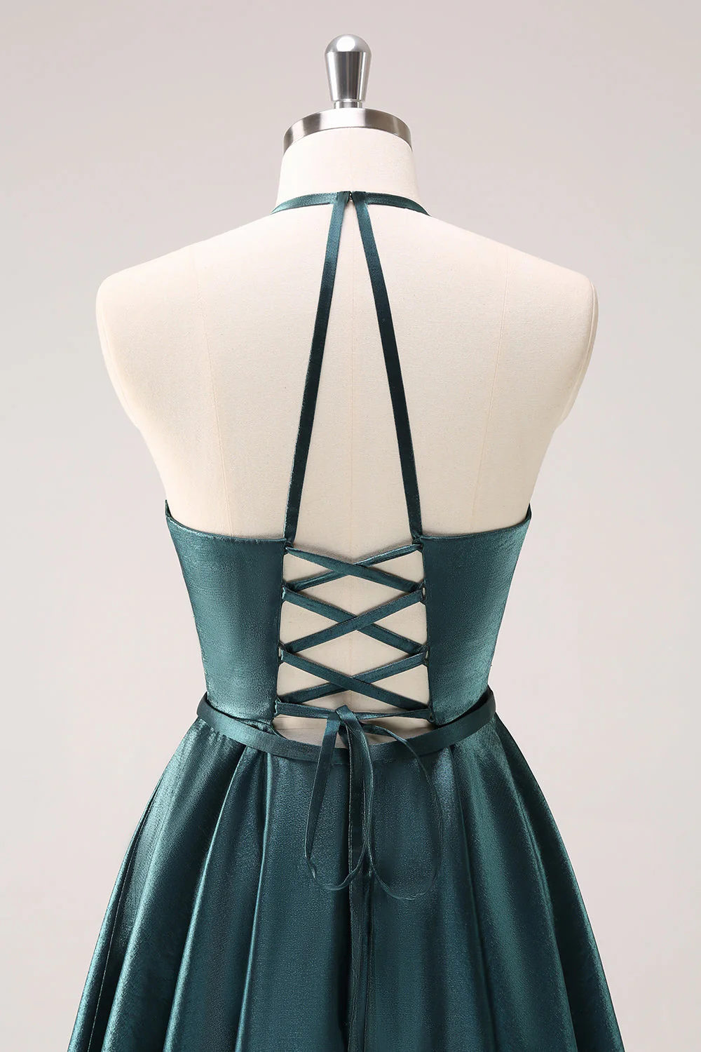 Krój A Peacock Blue Halter Krótka sukienka na powrót do domu z koronkowym tyłem - Image 5